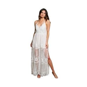 Women’s Sleeveless V Neck Open Back Elegant White Lace Maxi Romper Dress Sz M